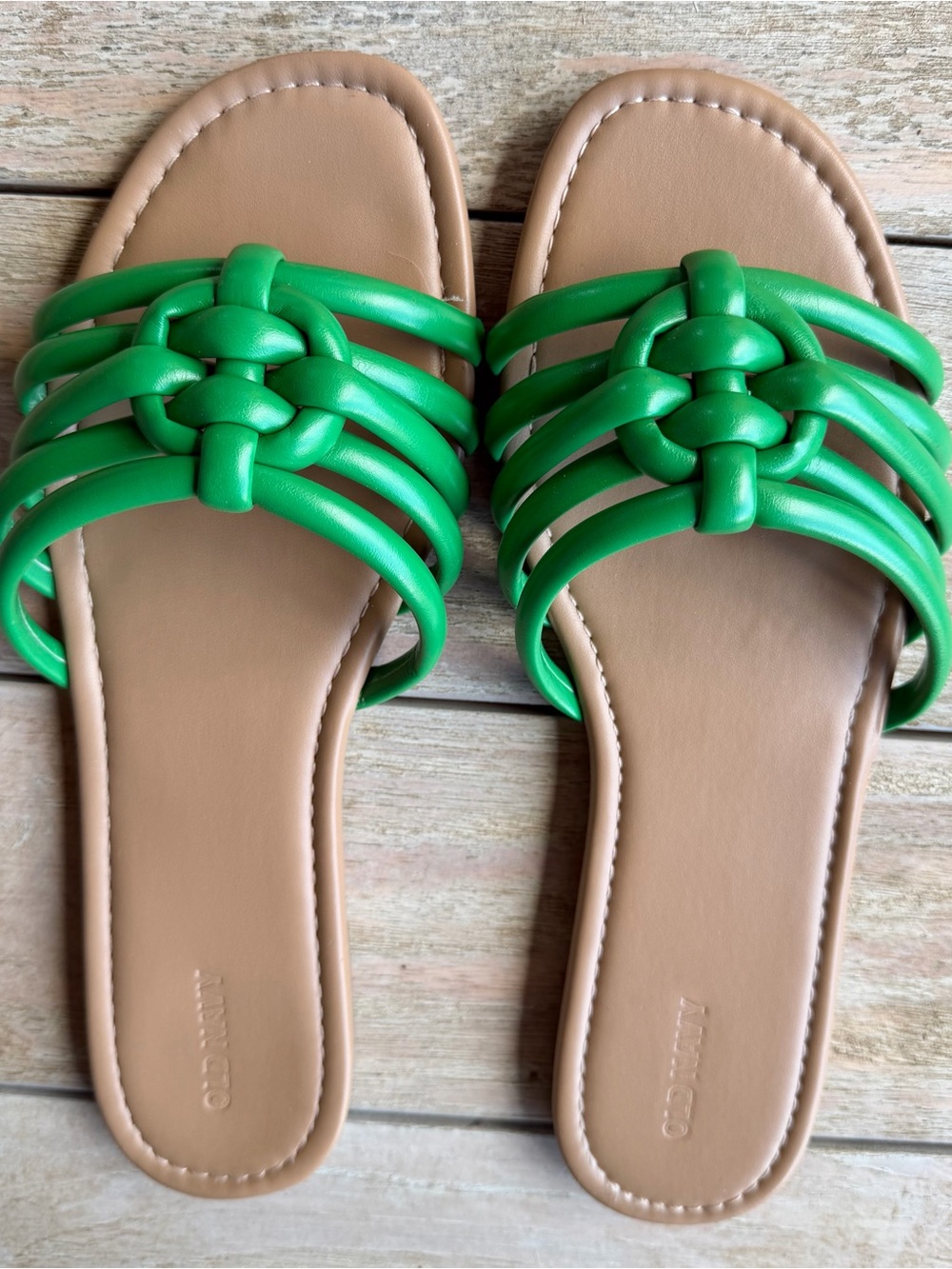 Old Navy Bright Green Braided Strap Slide Sandals with Tan Footbed